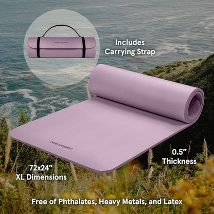 Retrospec Solana Yoga Mat Thick 1/2in Non-Slip Workout Mat with Nylon Strap - 72x24in Exercise Mat for Pilates, Stretching & Fitness - BPA Free, Easy Clean - color: Violet Haze