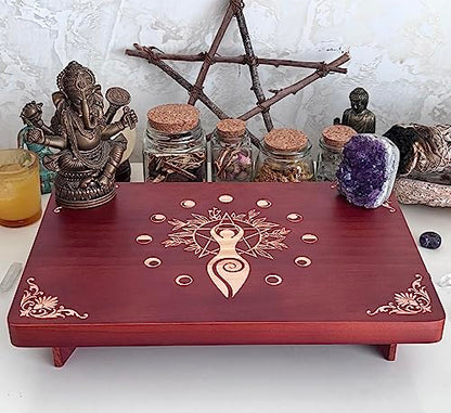 Altar Table, Meditation Table, Small Altar Table, Wooden Witch Altar, Wiccan Alter Table, Buddhist Shrine, Engraved Spiral Goddess on Table Top, 12 × 8 inches - color: Spiral Goddess
