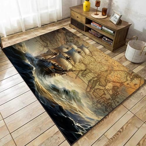 Nautical World Map Indoor Rug, 4x6ft, Pirate Ship On Rough Sea Bedroom Rug, Machine Washable Dirty Resistant Accent Mat, No Crease Soft Durable High Traffic Rugs for Living Room Entryway - color: Pattern 9, size: 4x6ft