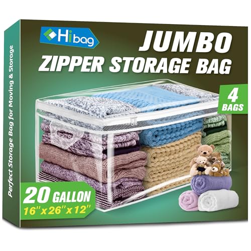 HIBAG 20 Gallon Large Storage Bag for Clothes, Zipper Clothing Storage Bag, Clear Organizer with Reinforced Handles, for Comforters Blankets Pillows Bedding (4 Pack) - size: 20 gal Clear - 4 pack