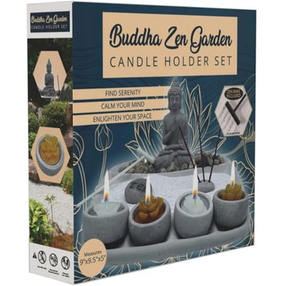 Buddha Zen Garden Candle Holder Set, Tabletop Meditation Kit with Incense Holder, Decorative Rocks and Sand