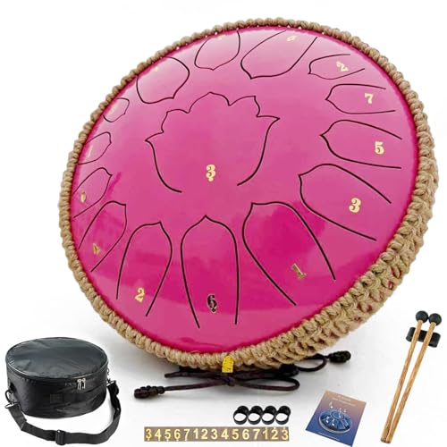 BETESINE 13-Inch 15-Note Steel Tongue Drum in C Major, Beginner-Friendly Meditation Drum with Mallets, Music Book, Finger Picks, Carry Bag & Note Stickers, Rose Pink - color: Rose Pink