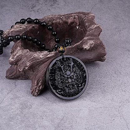Black Obsidian Necklace Natural Crystal Amulet Protection Pendant with Adjustable Rope Lucky Talisman Necklaces Jewelry Gift for Men Women - color: Dragon B