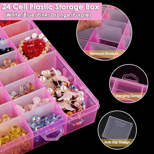 AKOAK 1 Pack 24 Grid Plastic Storage Case, Transparent Jewelry Display Organizer, Detachable Divider -7.5"x 5.1"x 1.4" for Beads, Jewelry, Earrings, Rings (Pink) - color: Pink