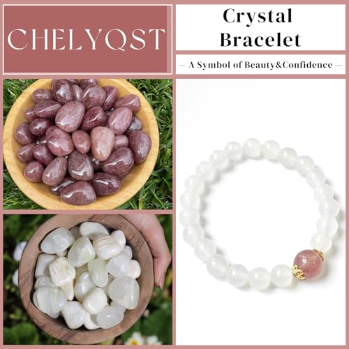 Beaded Bracelets for Women,Stretch Healing Crystal Bracelet Natural Stone Gemstone Jewelry Gifts - color: Style B-White Agate&Strawberry Quartz