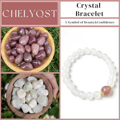 Beaded Bracelets for Women,Stretch Healing Crystal Bracelet Natural Stone Gemstone Jewelry Gifts - color: Style B-White Agate&Strawberry Quartz
