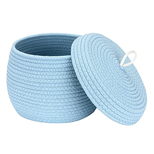 Sea Team Round Cotton Rope Storage Basket with Lid, Decorative Woven Storage Bin, Pot, Caddy, Organizer, Container for Snacks, Towels, Plants, 10 x 7.5 Inches (Small, Blue) - color: Blue, size: Small