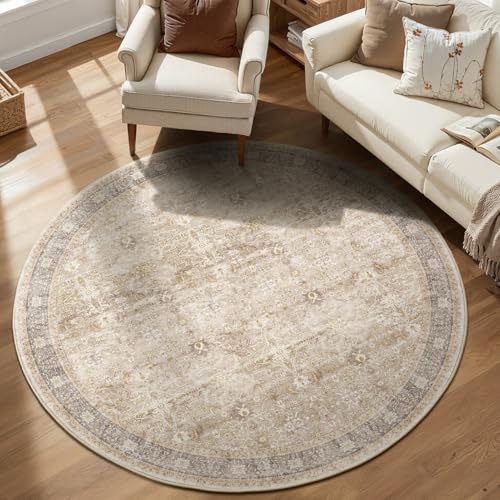Neutral Beige Washable Round Rugs 6ft for Living Room, Low Pile Thin Non Slip 6 Feet Circle Rug for Dining Room Kitchen, Farmhouse Vintage 6x6 Round Circular Carpet for Bedroom Home Office - color: Beige/Taupe/Multi, size: 6' (Round)