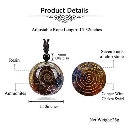 Jovivi 7 Chakra Gemstone Reki Healing Crystal Necklace Round Circle Shape Ammonite Fossil Resin Chip Stones Pendant Necklace for Women Men Life Tree Jewelry Christmas Gifts - color: Ammonite Fossil - 7 Chakra