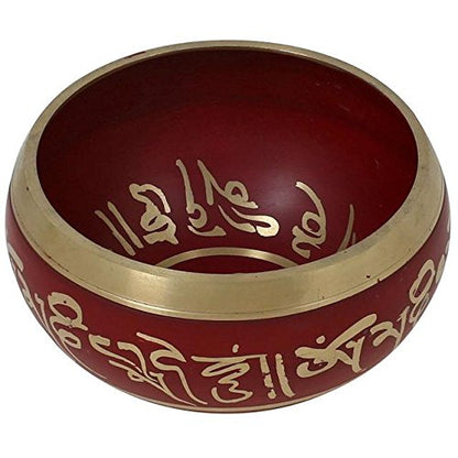 Purpledip Bell Metal Tibetan Buddhist Singing Bowl: Dhyana Musical Instrument Set For Meditation (10779) - style: Scripture design | 4 inches | Red