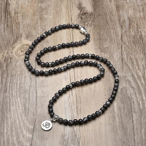 Japa Mala Beads 108 Bracelet, Buddha Charm Necklace with OM Yoga Symbol Charm for Men or Women - style: Labradorite