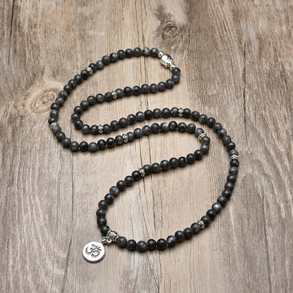 Japa Mala Beads 108 Bracelet, Buddha Charm Necklace with OM Yoga Symbol Charm for Men or Women - style: Labradorite