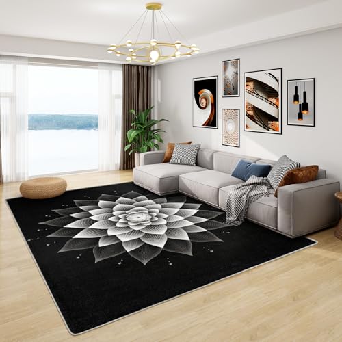 Mandala Rug Black - Mandala Floral Rug, 5x6 ft Washable Non-Slip Stain Resistant Meditation Area Rug, Chakra Yoga Carpet for Living Room, Bedroom, Playroom, Zen Spiritual Home Decor & Gifts