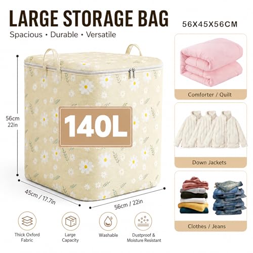 140L Large Comforter Storage Bag, Foldable Non-Woven Clothes Organizer Bag, Portable Moving Bags with Handles for Clothing, Blanket, Quilts, Pillows - size: 140L