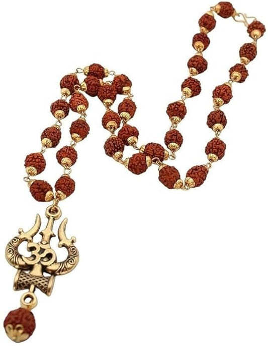 The Great Indian Store Original Rudraksha Mala, Golden Om Trishul Damru Pendant, Religious Locket for Men and Women Pack of 1