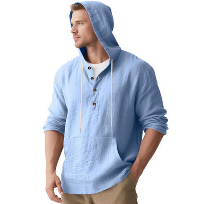 Men's Linen Hoodie Lightweight Hawaiian Shirt Casual Beach Shirt with Pockets - color: Light Blue