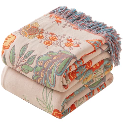 Phuryllic Boho Throw Blanket Twin Size, Soft Cozy Cotton Muslin Quilt Blanket for Bed Decor, Floral Patterned Couch Sofa Chair Cover, Vintage Farmhouse Cottage Tapestry Woven Blanket, Coral&Green - color: Sunset Blossom, size: 60" x 80"