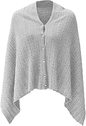 PULI Women's Versatile Knitted Shawls Scarf Poncho Sweater with Buttons Lightweight Spring Summer Fall Wraps - color: E-grey in Cable Large