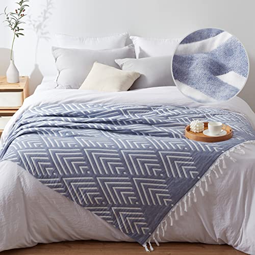 SE SOFTEXLY Muslin Blanket Throw 50x60, Jacquard Summer Cooling Blanket Cozy Organic Egyptian Cotton Bed Spread for Bed Couch Breathable Lightweight Keep Body Cool for Hot Sleepers - color: Tassels Blue