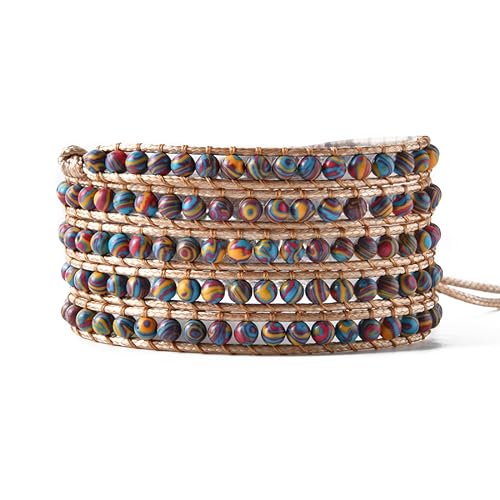 YGLINE Natural Stone Wrap Bracelet for Women Boho Bracelets Healing Crystal Beaded Bracelet Adjustable 3/5 Wraps Bracelet Handmade Birthday Gifts for Women - color: Malachite(5 wraps)
