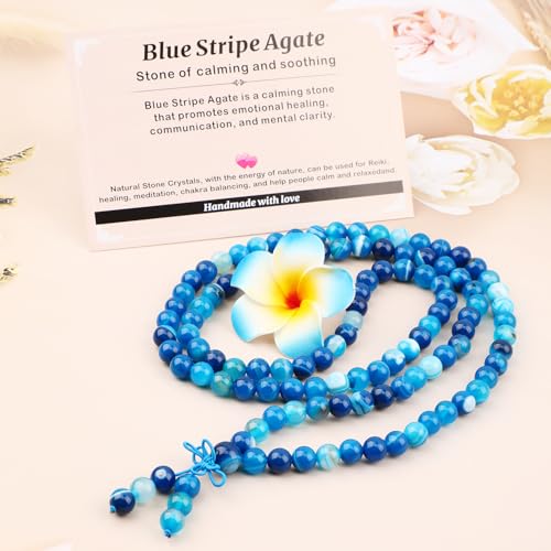 AD Beads 6mm 8mm 108 Prayer Mala Jasper Elastic Bracelet - Handmade Yoga Meditation Healing Power Energy Gifts for Unisex Adult. - color: Blue Stripe Agate(Soothing)