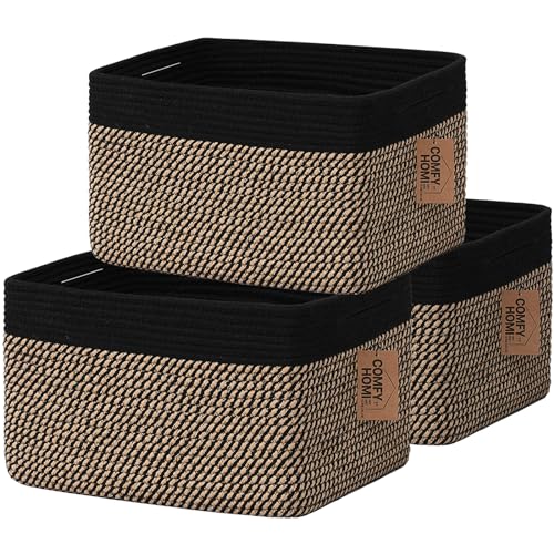 COMFY-HOMI 3PACK Cotton Rope Square Basket with Handles for Shelves|Dog Toy Bin and Storage|Baby Gift|Shoe Organizer|New 13.5" x 11" x 9.5" for Living Room (Black/Jute) - color: black/jute, size: 13.5" x 11" x 9.5"