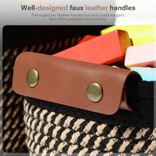 ECDYQXVU 5 Piece Storage Baskets Small Woven Basket with Detachable Leather Handle, Cotton Rope Shelf Baskets for Closet Organizers, Different Sizes Basket Decor, Black Brown
