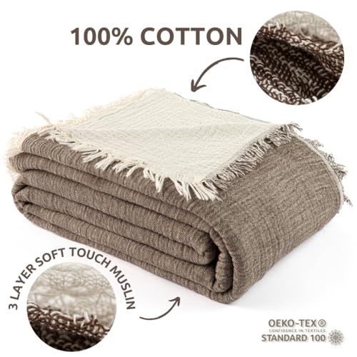 Muslin Gauze Cotton Blanket, 100% Oeko-TEX Certified, 3 Layer 2 Ply, Soft Breathable All Season Bedding, Bed Layering Coverlet, Queen Size 83 x 89 in, Mocha Brown - color: Mocha Brown, size: Queen (U.S. Standard)