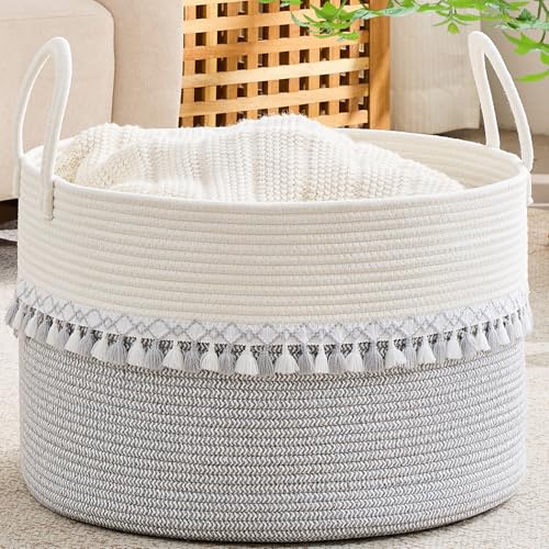 KAKAMAY Cotton Rope Storage Basket (20"x13"),Woven Hamper for Blankets,Toys,Pillows,Clothes,Laundry,Sturdy Handles Decorative Basket for Living Room, Bedroom,Nursery(Grey/Black) - color: Grey Fringe