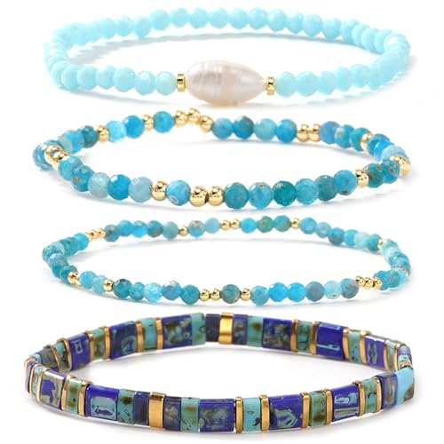 Tila Flat Beaded Stretch Bracelet for Women,Bohemian Friendship Bead Bracelets Handmade Stack Boho Jewelry Accessory for Everyday Wear, Vacation and Friend Gifts - color: blue
