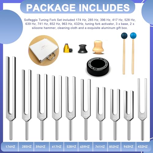 Solfeggio Tuning Fork Set - 10 Silver Tuning Forks Perfect for DNA Healing with Exquisite Aluminum Gift Box (174 Hz, 285 Hz, 396 Hz, 417 Hz, 432Hz, 528 Hz, 639 Hz, 741 Hz 852 Hz, 963 Hz) - color: Solfeggio silver B