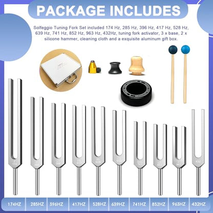Solfeggio Tuning Fork Set - 10 Silver Tuning Forks Perfect for DNA Healing with Exquisite Aluminum Gift Box (174 Hz, 285 Hz, 396 Hz, 417 Hz, 432Hz, 528 Hz, 639 Hz, 741 Hz 852 Hz, 963 Hz) - color: Solfeggio silver B