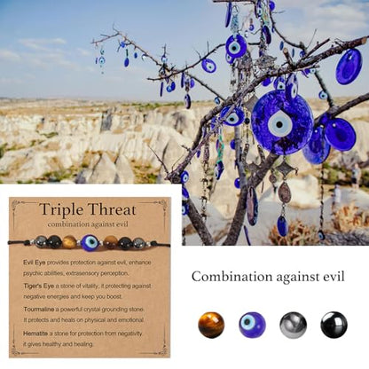 Triple Threat Protection Bracelet for Women,Evil Eye Natural Healing Crystal Beaded Bracelet for Protection - style: Evil Eye Bracelet (Triple Threat)