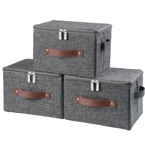 3 Pack Storage Bins with Zipper Lid Fabric Lidded Storage Boxes Baskets Cubes Washable Collapsible PU Leather Handle Cotton Linen Fabric Shelf Closet Organizer Container(Gray, Small Size) - color: Gray, size: Small ( Set of 3)