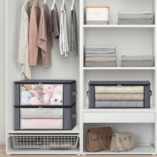HomeHacks Storage 3-Pack Clothes Organizer Storage Bags Foldable Storage Box with Large Clear Window Sturdy Handles for Closet, Dorm, Pillows, Bedding, Clothes, Blankets, 35L, Gray