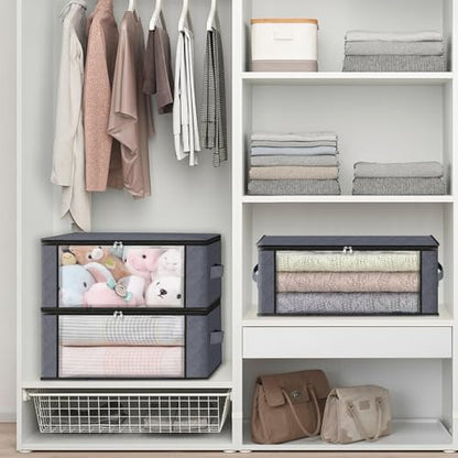 HomeHacks Storage 3-Pack Clothes Organizer Storage Bags Foldable Storage Box with Large Clear Window Sturdy Handles for Closet, Dorm, Pillows, Bedding, Clothes, Blankets, 35L, Gray