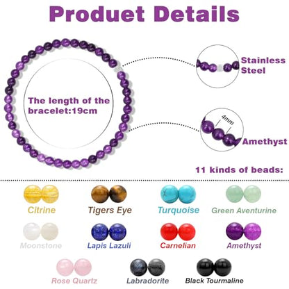 Raicegs 4 6 8MM Beaded Bracelets Healing Crystal Bracelet for Women Men Natural Stone Handmade Stretch Bracelet Reiki Spiritual Jewelry - color: Amethyst, size: 4mm