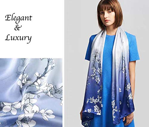 100% Mulberry Silk Long Scarf for Women Large Shawls for Headscarf and Neck- Oblong Hair Wraps with Gift Packed - color: Blue&white Plum Flowers