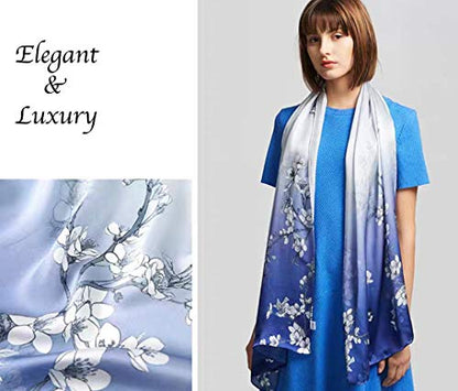 100% Mulberry Silk Long Scarf for Women Large Shawls for Headscarf and Neck- Oblong Hair Wraps with Gift Packed - color: Blue&white Plum Flowers