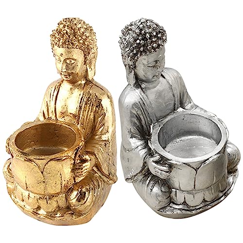 VOSAREA 2pcs Vintage Resin Buddha Tealight Candle Holders for Home Decor Unique Buddha Statue Candlestick Holders for Meditation and Zen Spaces Decorative Desk Ornaments