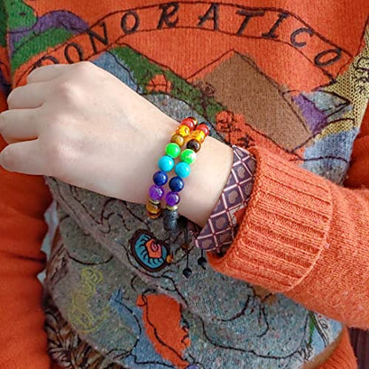 GelConnie Lava Rock Chakra Bracelet 7 Chakra 8mm Natural Stone Healing Bracelet Stress Relief Yoga Beads Anxiety Bracelet Aromatherapy Essential Oil Diffuser Bracelet Bangle - color: AB-Lava Rock&Tiger Eye