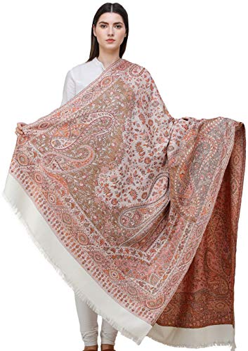 Exotic India Reversible Jamawar Shawl with Woven Paisleys - Wool - color: Snow White