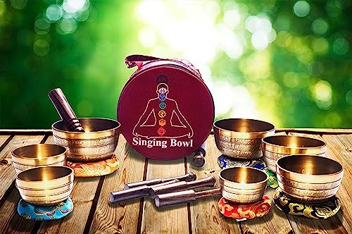 Khusi Tibetan singing bowls chakra sets, hand carved buddha mantra and symbol, sets of seven divine sound bowl.