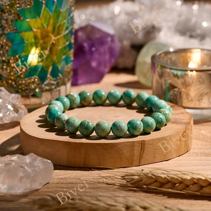 Bivei 8mm Beaded Bracelets for Women Handmade Semi Precious Natural Stone Stretch Elastic Jewelry Yoga Protection Gifts - color: Green Turquoise - Balance, size: Medium 6.8-7.3 inch