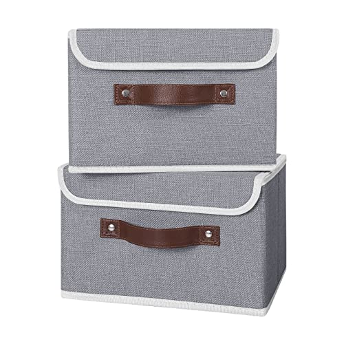 ANMINY 2PCS Storage Bins with Lid PU Leather Handles Storage Boxes PP Plastic Board Decorative Foldable Lidded Cotton Linen Fabric Home Cubes Baskets Closet Organizer Containers - Gray, Small Size - color: Gray, size: Small (Pack of 2)