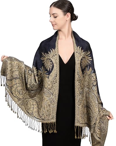 Achillea Reversible Paisley Pashmina Rave Scarf – Exotic Indian Shawls and Wraps for Evening Dresses, Festivals, All Seasons - color: Big Paisley Navy