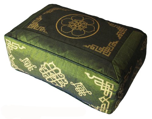 Rectangular Zafu Meditation Cushion Buckwheat and Kapok Fill Dharma Wheel Olive Green - color: Dharma Wheel Olive Green