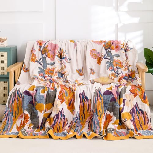 Snycler Boho Throw Blanket for Bed - 100% Cotton Ultra Soft Rustic Quilt - Watercolour Floral Printed Farmhouse Decor Bed Fall Blankets, 60"×80" All Season Rustic Throw for Sofa Couch Chair - color: Watercolour Floral, size: 60"x80"