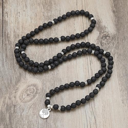 Handmade 108 Stone Mala Beads with Tree of Life Charm - Wear as Necklace or Bracelet - style: Lava