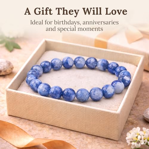 Elm City Direct 8mm Natural Stone Beaded Bracelet – Unisex Crystal Stretch Bracelets for Men & Women, Chakra & Healing Jewelry, Gift-Ready Beaded Bracelets - color: Blue Vein Stone